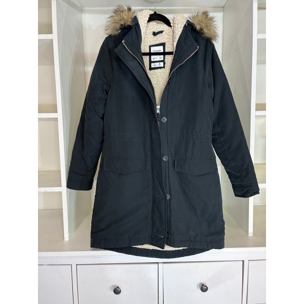 Abercrombie & Fitch Y2K Parka Women Size M Black Sherpa Lined Fur Hood Jacket
